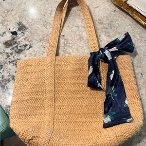 Draper James Tan Woven Tote with Navy Floral Accent